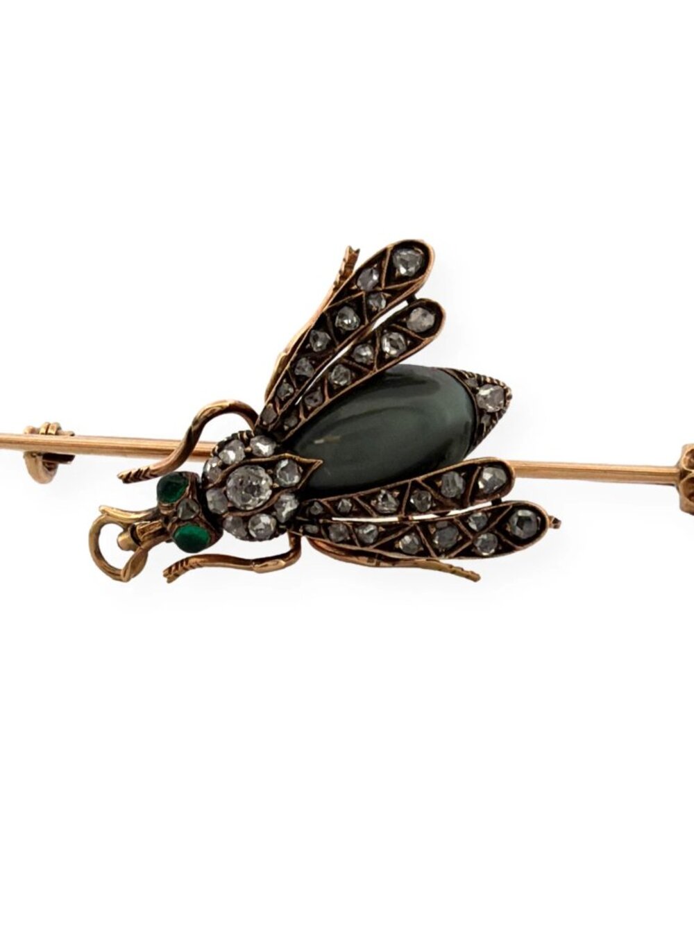 Antique Victorian Bee Brooch 14K Gold & Silver Diamond Emerald Cats Eye Quartz - Picture 9 of 13
